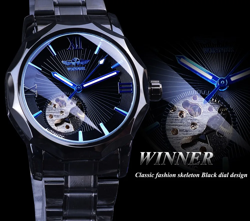 Winner, черные модные мужские механические часы из нержавеющей стали с синими ручками, лучший бренд, роскошные часы с циферблатом неправильной формы, светящиеся стрелки
