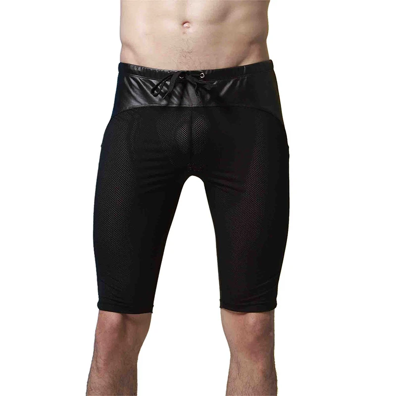 New Arrival Summer Mens Sexy Sleep Bottoms Faux Leather Splice Mesh