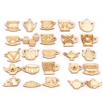 10Pcs Tea Set Teapot/teacup Pattern Wood Slices DIY Handmade Crafts For Wooden Ornaments DIY Home Decor Accessories m2172