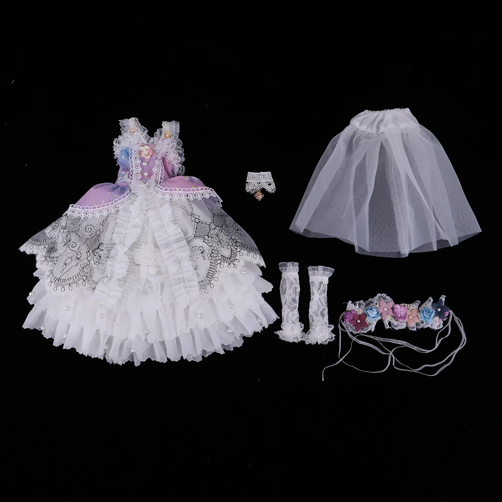 Purple Party Gown Dress Lace Sleeves Necklace Garland For1/4 BJD Doll Outfit Clothing Dress Set for Girl Doll