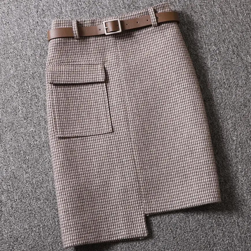 

Autumn winter new irregular woolen skirt women houndstooth wool thick a-line package hip skirt