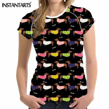 

INSTANTARTS Stylish Woman Black Summer T Shirts Cute 3D Dog Dachshund Printed O Neck T-shirts for Teen Girls Harajuku Short Tees