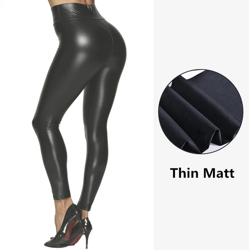 Черные кожаные узкие брюки с эффектом пуш-ап, новые осенние женские утолщенные Леггинсы из искусственной кожи, обтягивающие брюки с высокой талией, тонкие леггинсы размера плюс - Цвет: ThinMatt