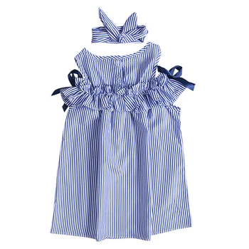 Toddler Kids Baby Girls Dress Summer Clothes Striped Off-shoulder Party Gown Formal Dress Bow Headband 1
