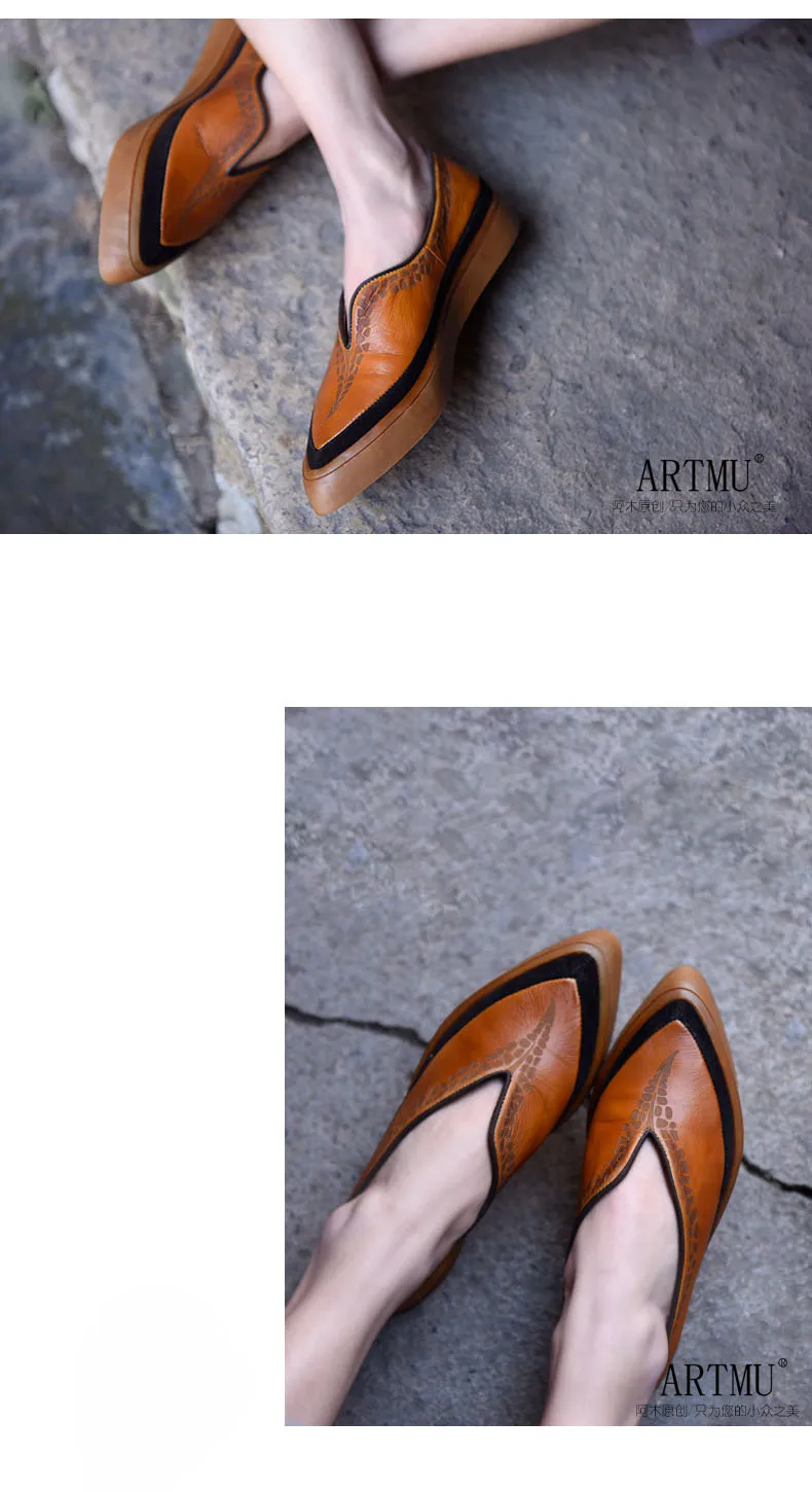 Artmu удобная повседневная обувь на плоской подошве в стиле ретро Женская обувь ручной работы из натуральной кожи с острым носком модная обувь на плоской подошве