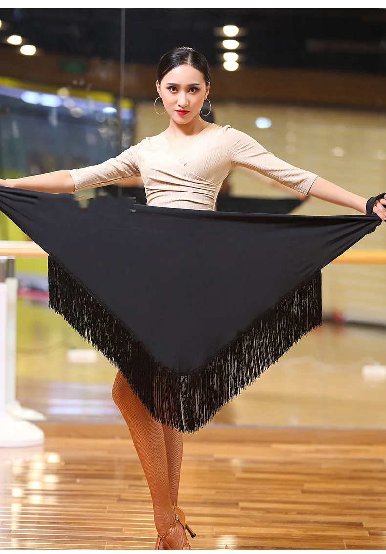 Женская бальная Латинская Сальса Танго юбка для танцев с бахромой скейт обёрточная бумага шарф танцевальная одежда черный кофе