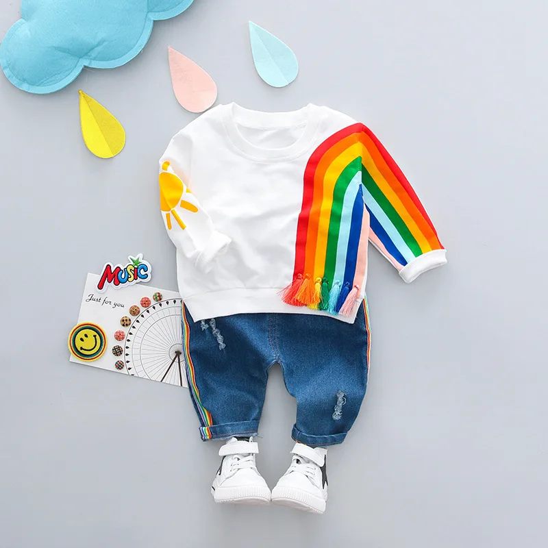 

1-3 Years Old Toddler Baby Boys Girls Sets 2pcs Rainbow Long Sleeve T-shir T+ Jeans Kid Suit Winter Autumn Spring Tao