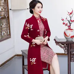 Осень и зима Китайский традиционный для женщин 2 шт. Qipao шерсть хлопок Cheongsam Новинка торжественное платье Размеры M, L, XL, XXL