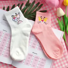 Японские Женские носки без пятки с вышивкой в виде животных, милые хлопковые носки с розовой пантерой, Harajuku, женские цветные забавные носки