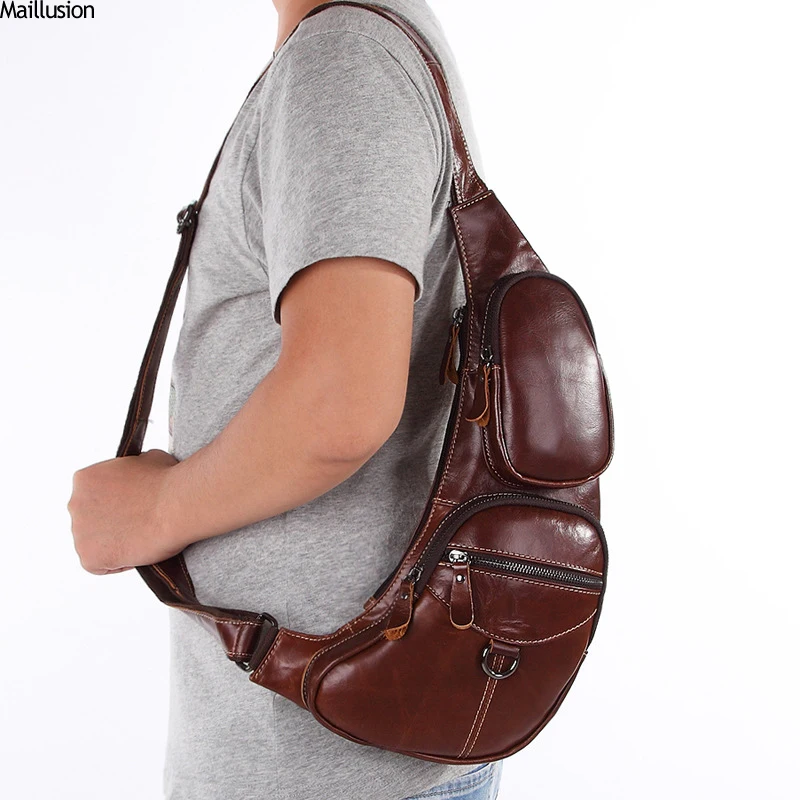

Maillusion Hobos Chest Bags Men Shoulder Bag Genuine Leather Vintage Travel Tote Bag Zipper Sling Messenger Bag Cell Phone Pack