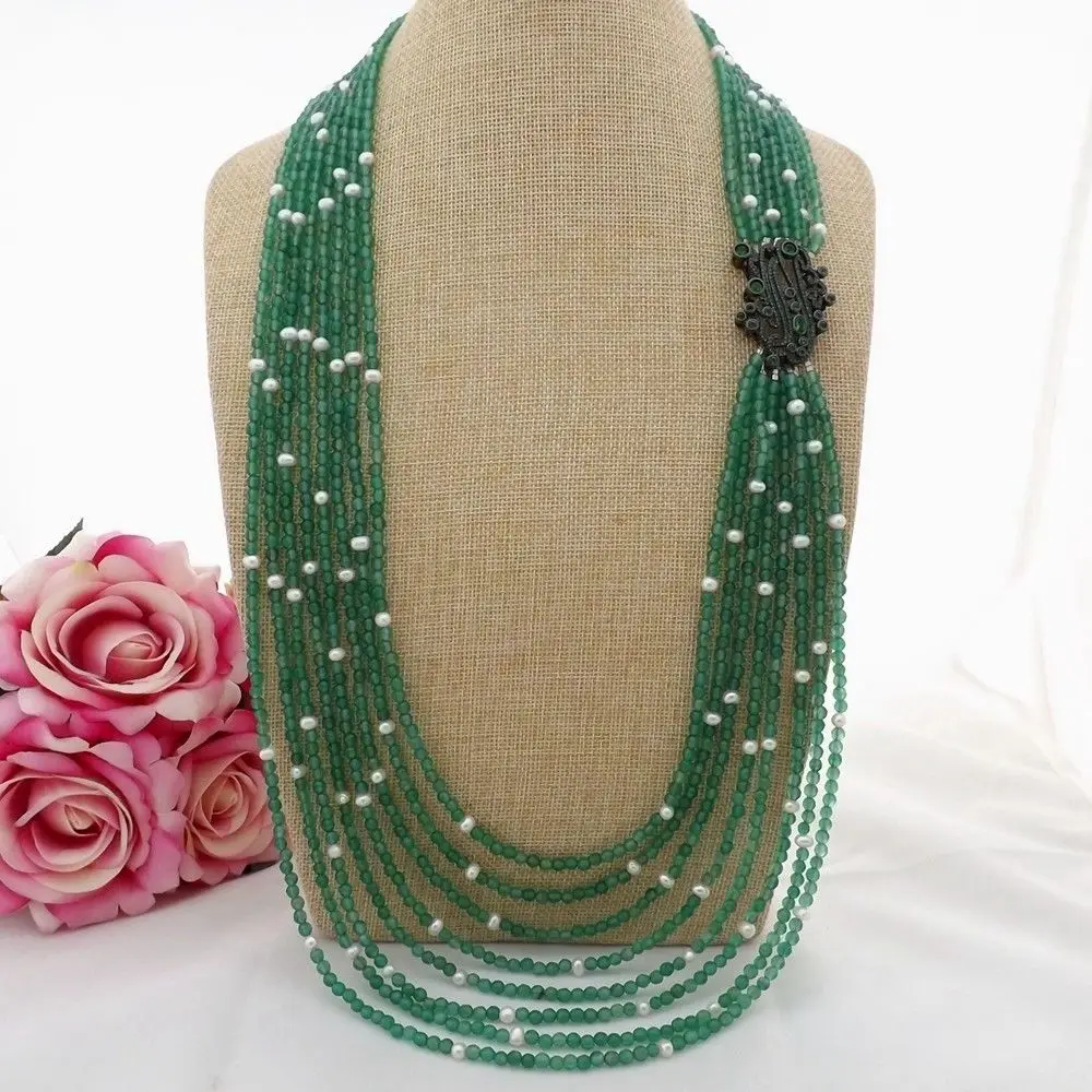 

K100201 30" 8 Strands Green Stone White Pearl Necklace CZ Pendant