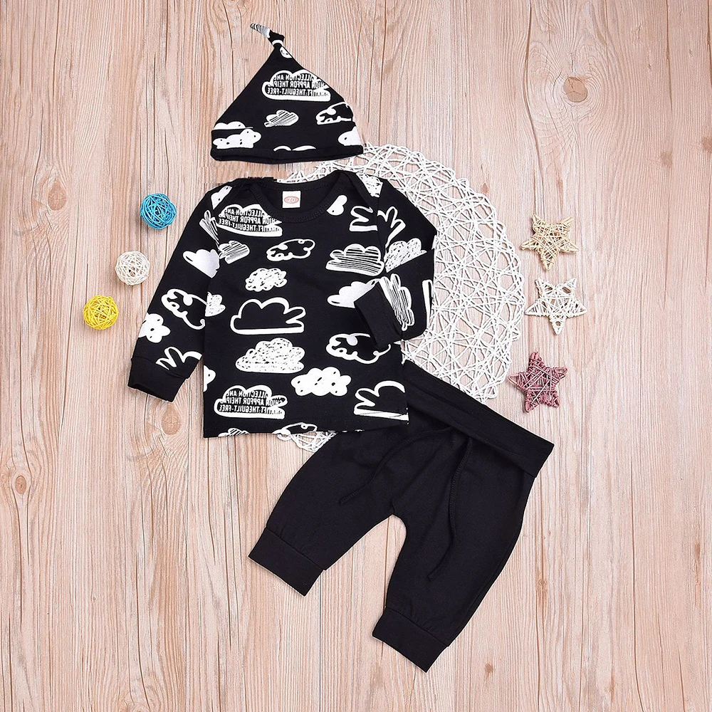Одежда для маленьких мальчиков г., Осенние комплекты одежды для маленьких девочек комплект из 3 предметов для новорожденных, хлопковая футболка с длинными рукавами и принтом+ штаны+ шапочка