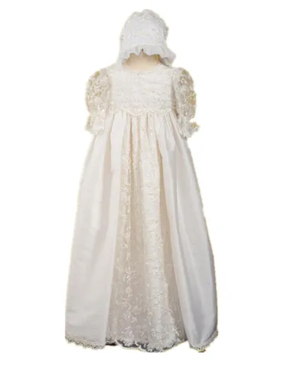 

Vintage Heirlooms Infant Baptism Dress Baby Girl White Ivory Christening Dress 2 Tier Lace Applique Robe 0-24 month With Bonnet
