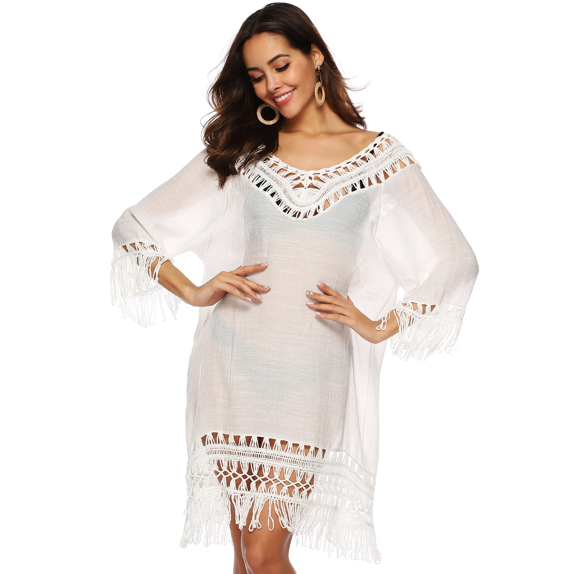Tassel Beach Dress V Neck White Cover Up Swimsuit Bikini Tunic Ups Women Dresses Bathing Suit 2019 Summer Beachwear Short Sleeve