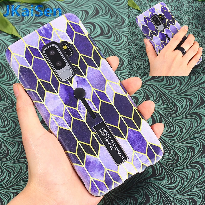 

Luxury Phone Back Cover Funda Hard PC Case For Samsung Galaxy S9 Note 9 Cross Pattern Grid Bracket Ring Case For S9 Plus Capa