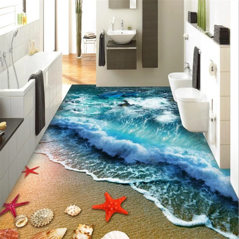 

beibehang Custom flooring 3d self-adhesive floor drawing beach waves 3D living room bedroom floor painting papel de parede 3d