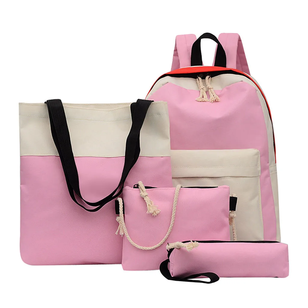 Женская комбинированная сумка в стиле пэтчворк, 4 шт. рюкзак, набор, школьные сумки на плечо, дорожные сумки для колледжа, контрастный цвет, сумка на плечо, рюкзак - Цвет: Розовый