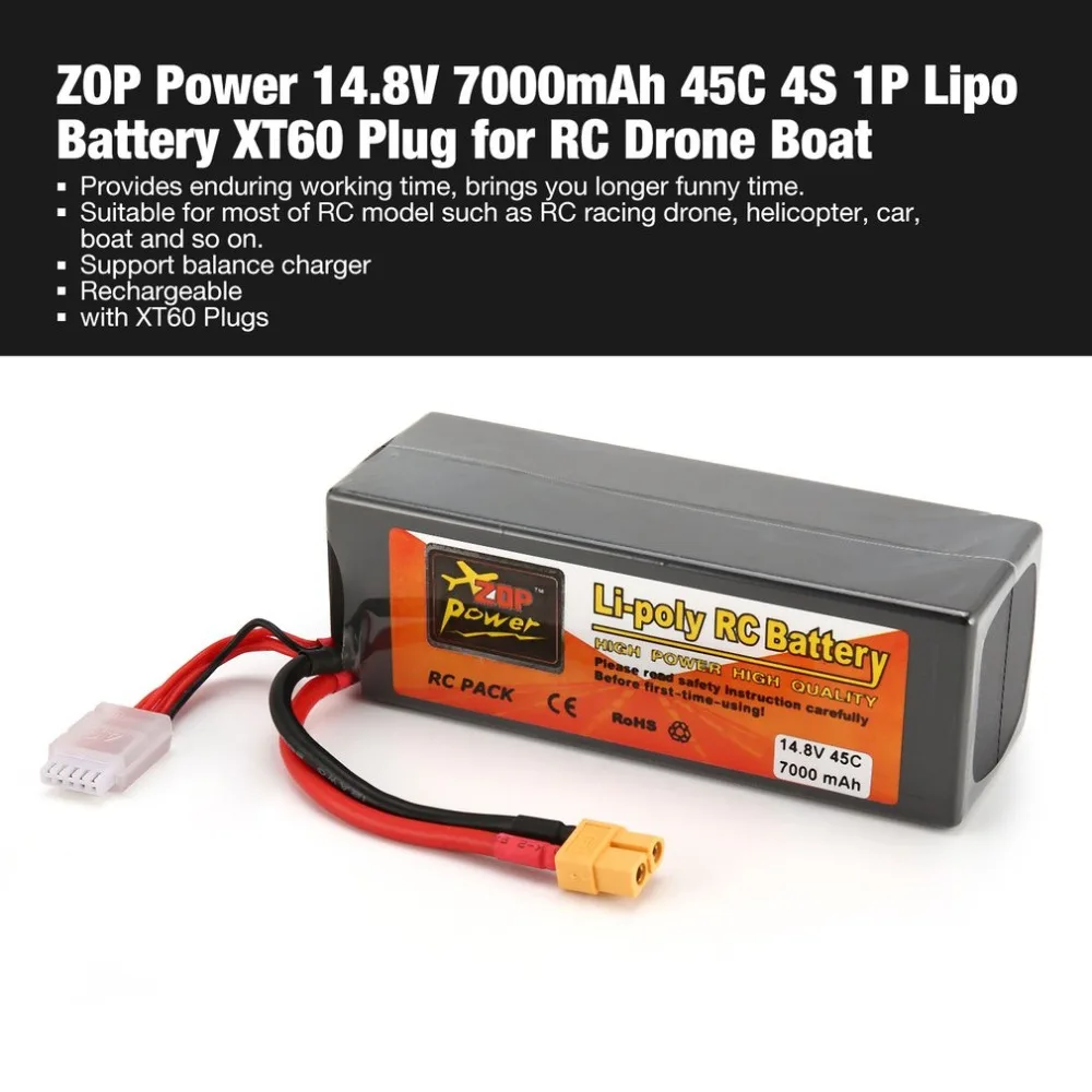 

ZOP Power 14.8V 7000mAh 45C 4S 1P Lipo Battery XT60 Plug Rechargeable for RC Racing Drone Quadcopter Helicopter Car Boat Model