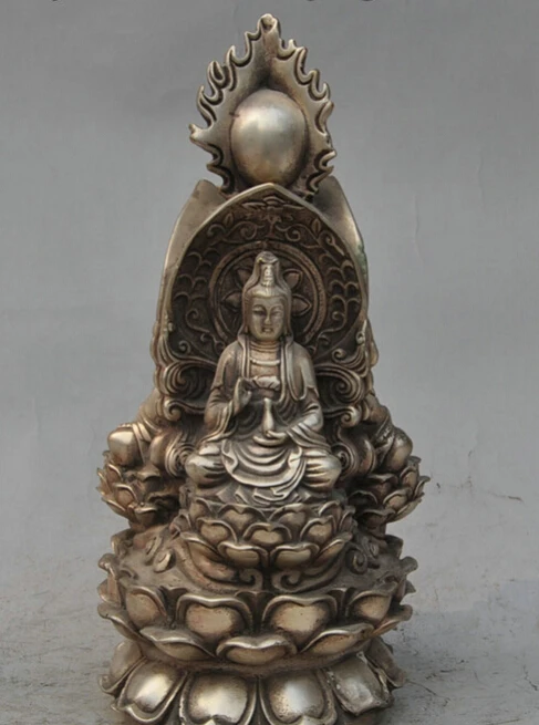 

S3379 9" Tibet Silver Buddhist 3 Kwan-yin Shakyamuni Ksitigarbha Buddha Seat Statue D0318