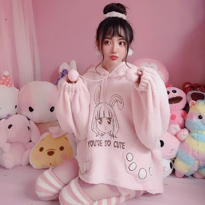 

Princess sweet lolita pajamas Princess sweet soft sister cute Rabbit Ear Cartoon Embroidery Fur Soft Cotton Home Suit TB1706
