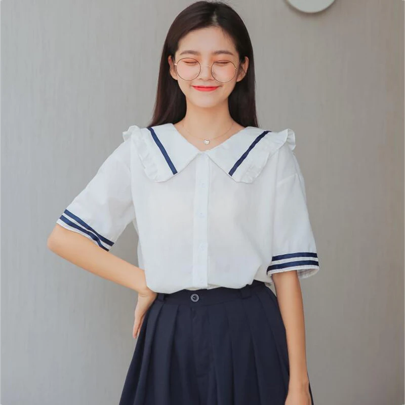 

2019 New Japan Style Cute Sailor Collar Short Sleeve Shirt Women Summer Casual Loose Blouse Institute Wind Woman Kawaii Tops