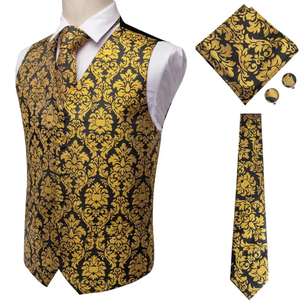 Mens Formal Vest Set Silk Classic Wedding Necktie Waistcoat Vest Pocket Square Suit Set Gold Vests for Men Hi-Tie VE-0008