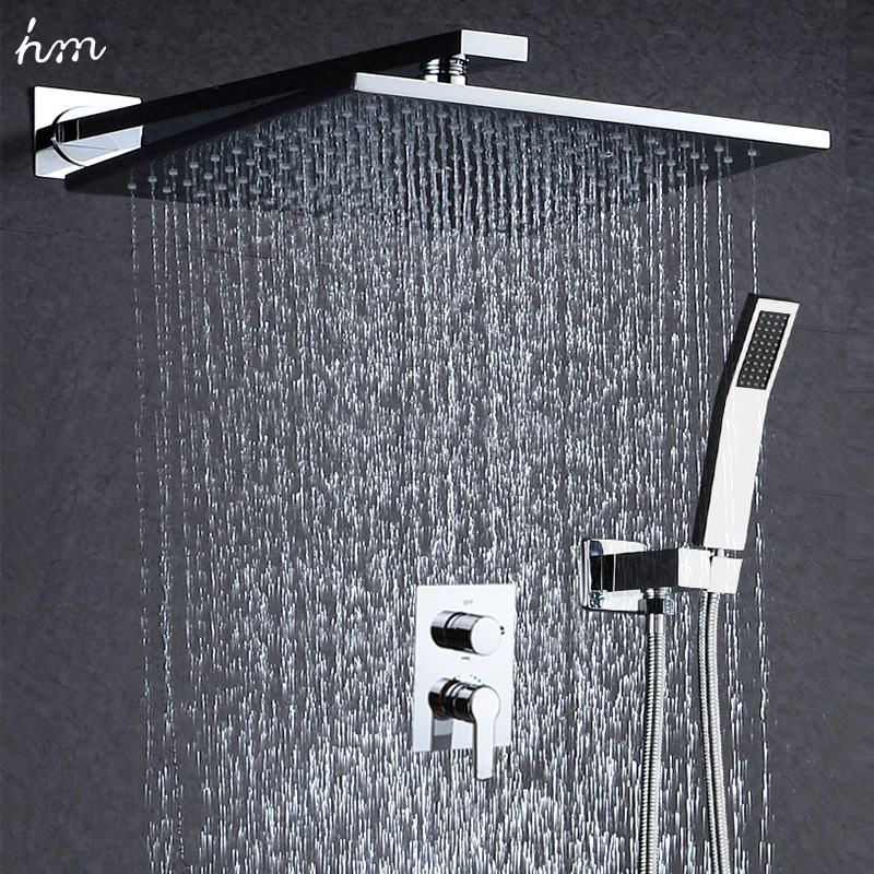 Shower Head Bathroom Faucet Bathroom Shower Faucet Set 10" Rainfall ShowerHead System Polished Chrome Bath & Shower Luxury Rain Mixer Combo Wall Mounted hm