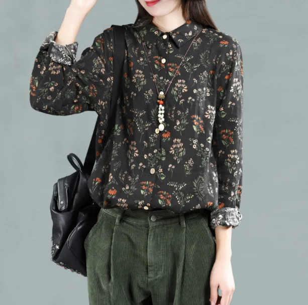 

2019 mori girl spring turn-down collar floral print long sleeve shirt top women 1752 5123YK