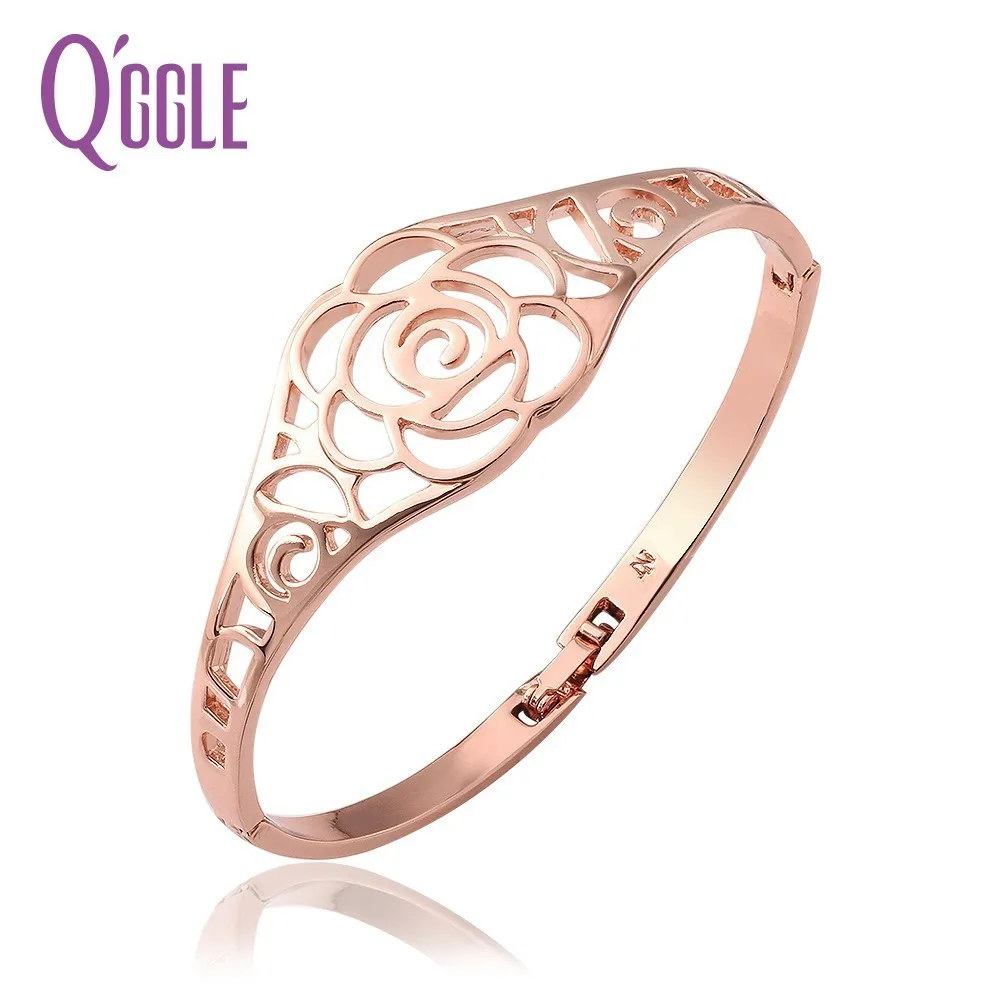 QGGLE Classic Concise Rose Gold Flower Bangles for Woman Bracelet Female Brand Fashion Jewelry