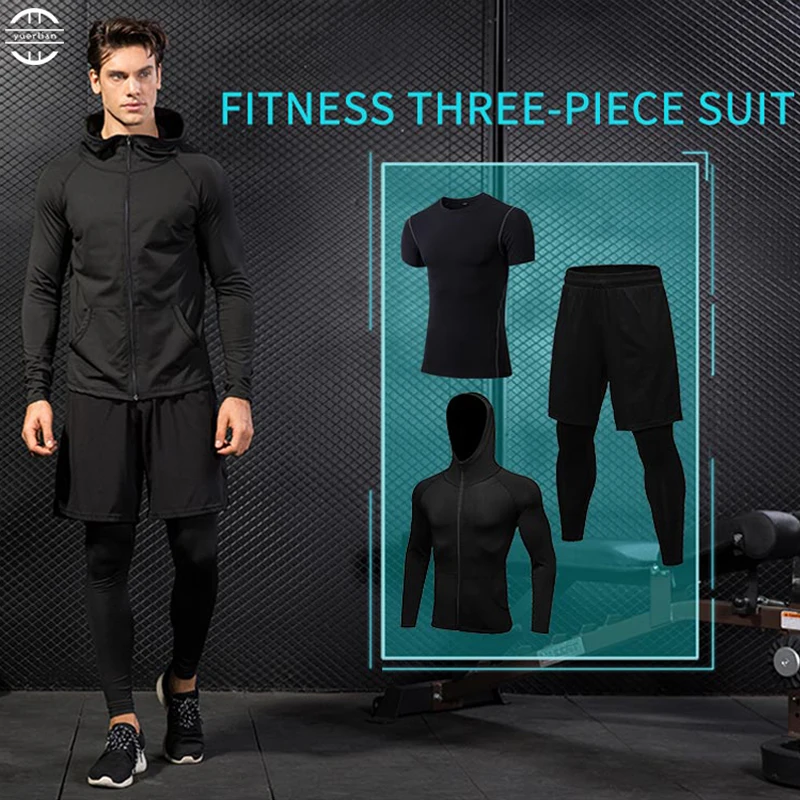 

Yuerlian 3Piece Men's Compression Running Suit Sports Set Quick-drying T-shirt And Men's autumn zipper hooded jacket tights pant