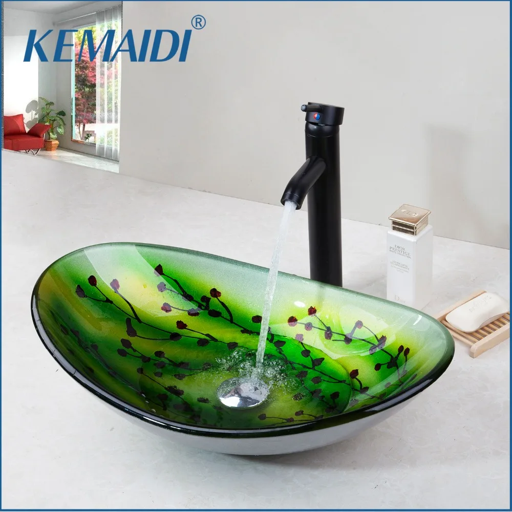 KEMAIDI البيضاوي زجاج الحمام حوض سفينة الغرور بالوعة الحمام خلاط مجموعة مغسلة النحاس الأسود ORB صنبور مجموعة استنزاف البرقوق نمط