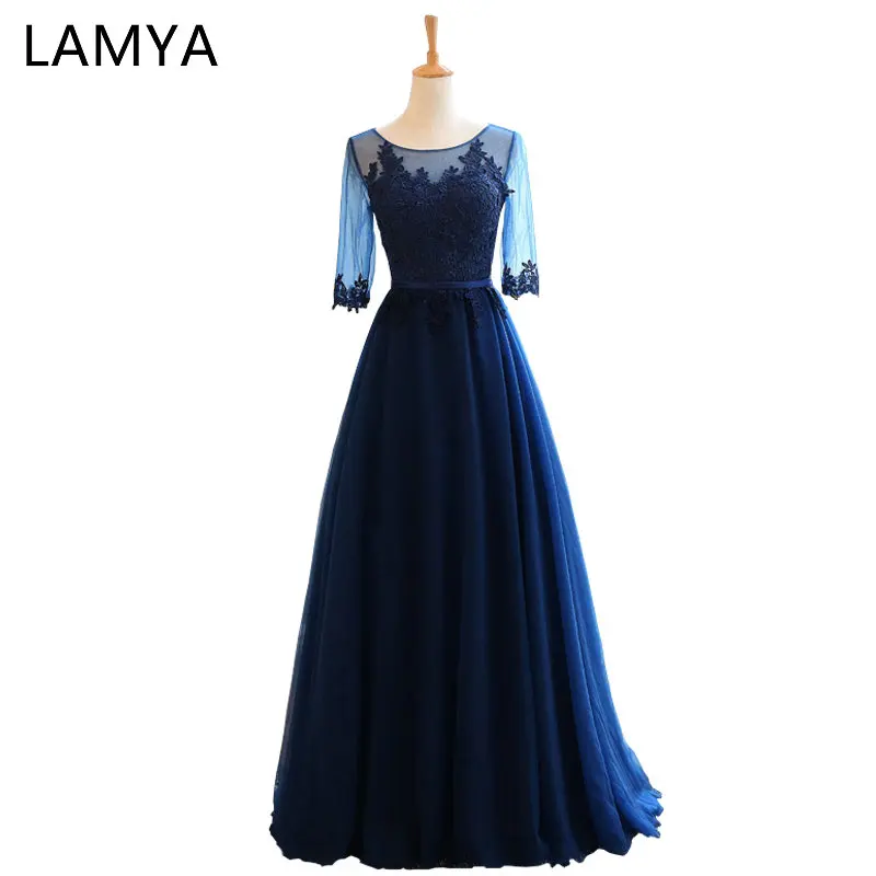 

LAMYA Long A Line Elegant Evening Party Dresses Real Photo Vintage Half Sleeve Lace Formal Dress Vestidos De Novia EV2899