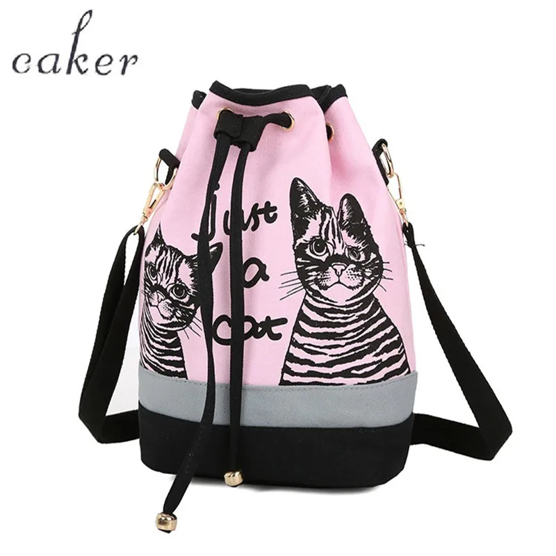 Caker 2017 Women Drawstring Backpacks Pink Blue Large Backpack Letter Cat Print Preppy Style Canvas School