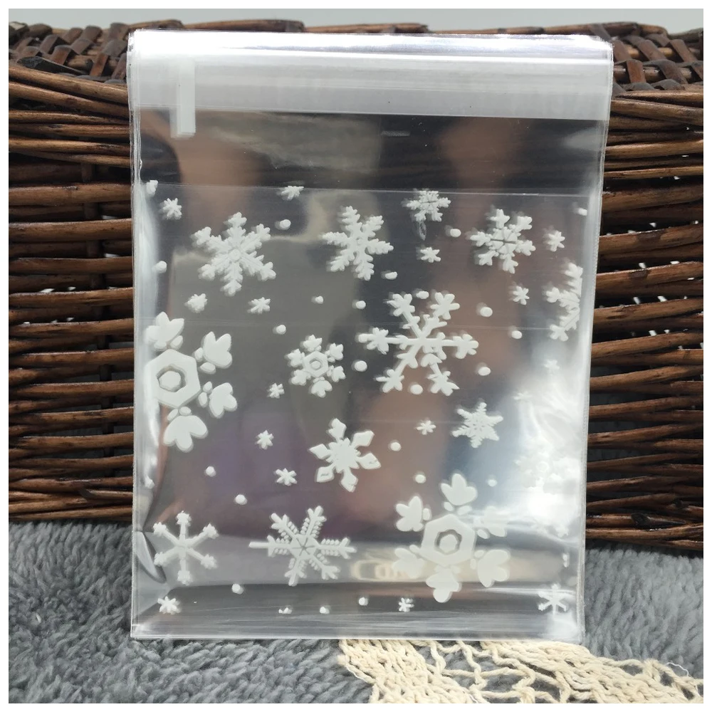 50 Clear Snowflake Cookie Bag, Plastic Cellophane Adhesive Sealant