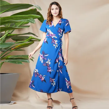 

KLV 2019 summer dress Womens latest fashion платье Casual Short Sleeve V Neck Print Calf Party Dress Sundress free shipping D4