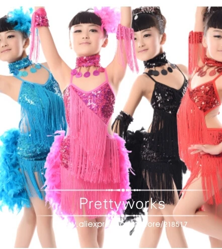 

New Children Kids Sequin Feather Fringe Stage Performance Competition Ballroom Dance Costume Latin Dance Dress For Girls