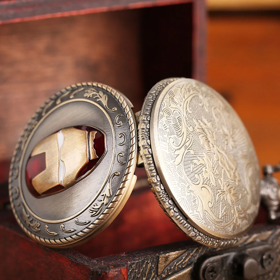 Iron Man Design Quartz Pocket Watch Classic Arabic Numbers Retro Bronze Pendant Gift for Men Women Children with Necklace Chain (12)