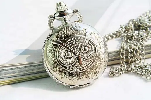 

10pcs/lot New arrival silver small size owl pocket watches necklace pendent Christmas gift