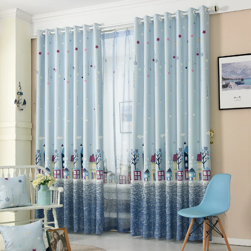 Cartoon Tree Castle Printed Window Curtains for Children Kids Bedroom Living Room Sheer Window Drapes Blue Color