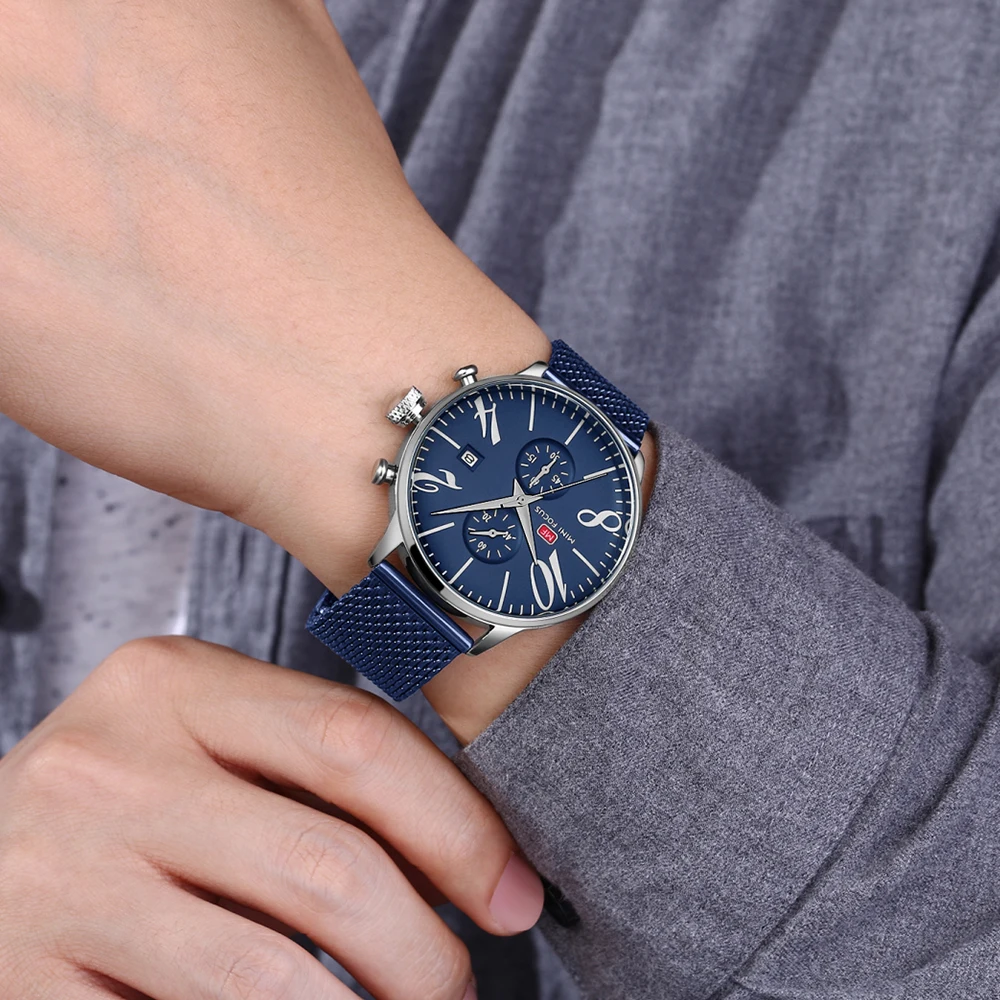 Мини фокус мужские сетчатые часы с хронографом кварцевые часы из нержавеющей стали бизнес водонепроницаемые наручные часы для мужчин Relogios 0135 синий