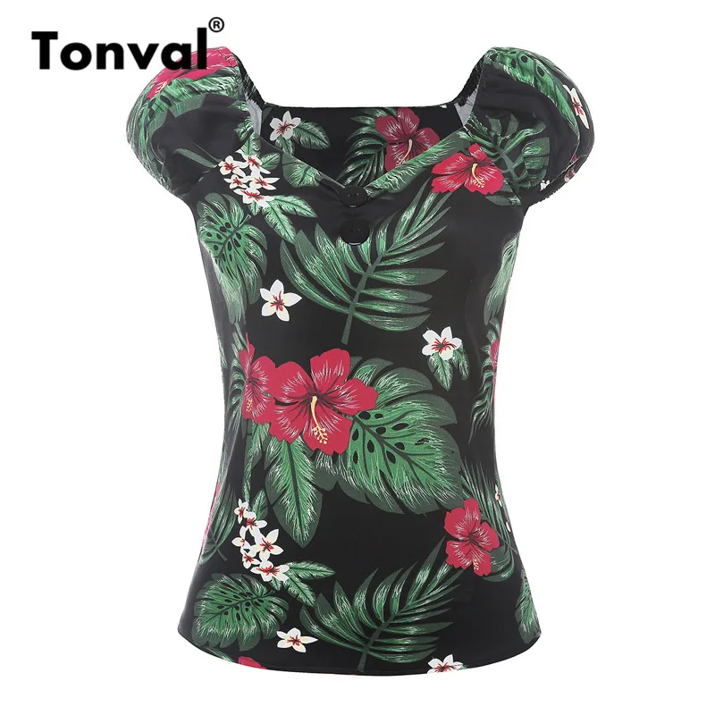 Tonval/Винтажные клетчатые блузки с принтом ананаса, Женская хлопковая рубашка с v-образным вырезом и коротким рукавом, женские летние топы года - Цвет: Leaf