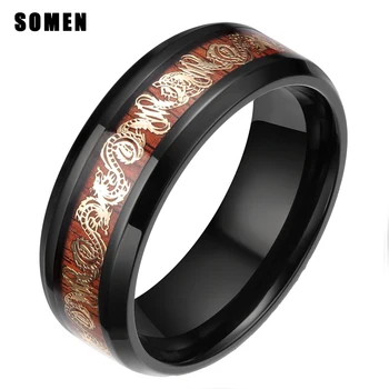 

8MM Gold Dragon Wood Inlay Black Titanium Ring For Men Engagement Rings Wedding Band Comfort Fit Women Fashion Jewelry For Party