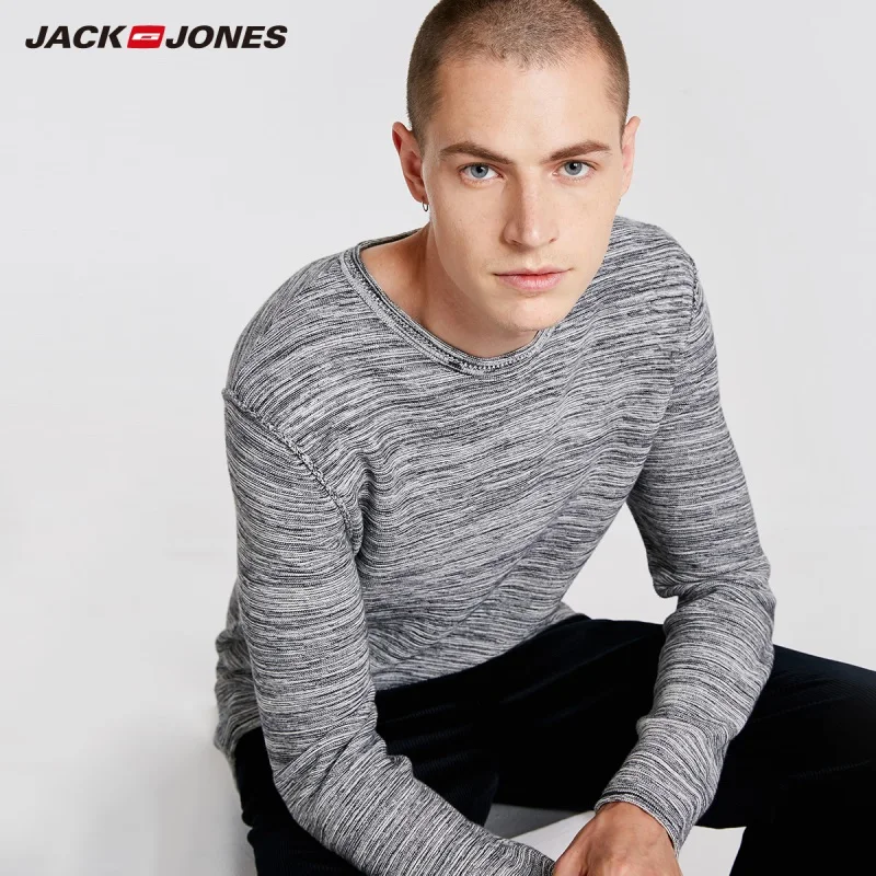 JackJones осенний мужской хлопковый контрастный цветочный свитер с круглым вырезом и длинным рукавом свитер Топ 218324512 - Цвет: MIDNIGHT