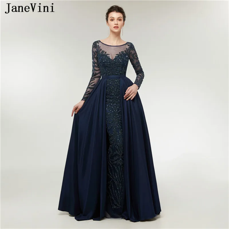 

JaneVini Elegant Mermaid Dark Blue Long Bridesmaid Dresses with Train Scoop Neck Sweep Train Luxurious Beading Satin Prom Gowns