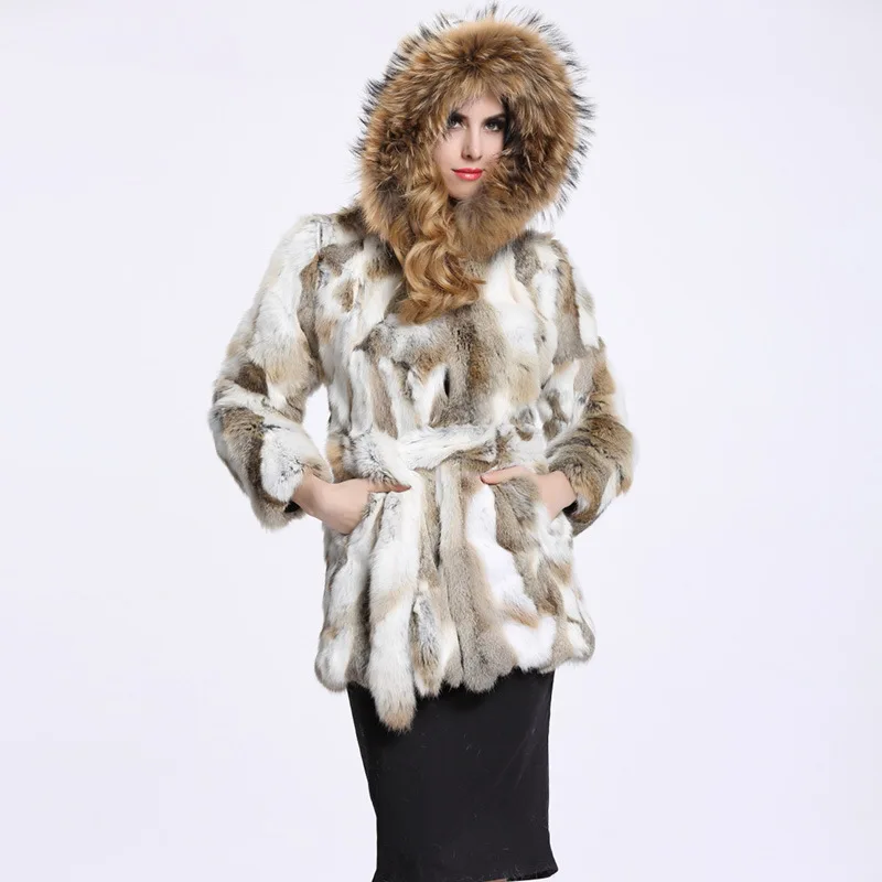

2016 Autumn and Winter Fashion Medium-long Hot-selling Rabbit Fur Coat Hooded Raccoon Fur Trimming BE-1643 Free Shipping