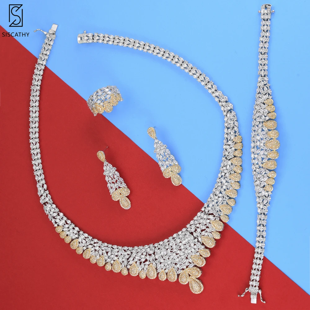 

SISCATHY Fashion dubai jewelry sets Teardrop Shape Collar CZ Necklace Dangle Earrings Bangle Ring Wedding Jewelry Sets