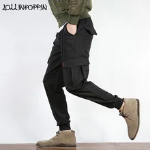 Японский стиль мужские черные шаровары Беговые брюки мульти-штаны карго с карманами Эластичный шнурок на талии конические брюки мужские уличные