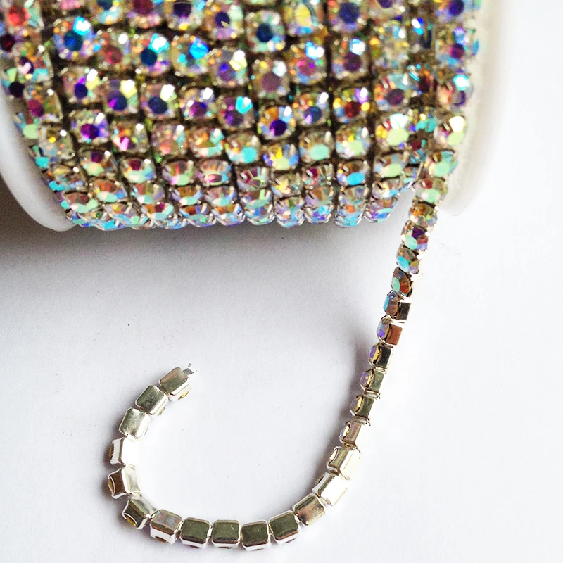 Цепочка с кристаллами ab серебряная основа от SS6 до SS18 10 ярдов/рулон|rhinestone chain|crystal