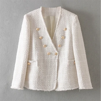 

Plaid Double Breasted V Neck Elegant Suit Jacket Women Fashion Office Lady Casual Outwear Womens Jaquetas Feminina YT50131