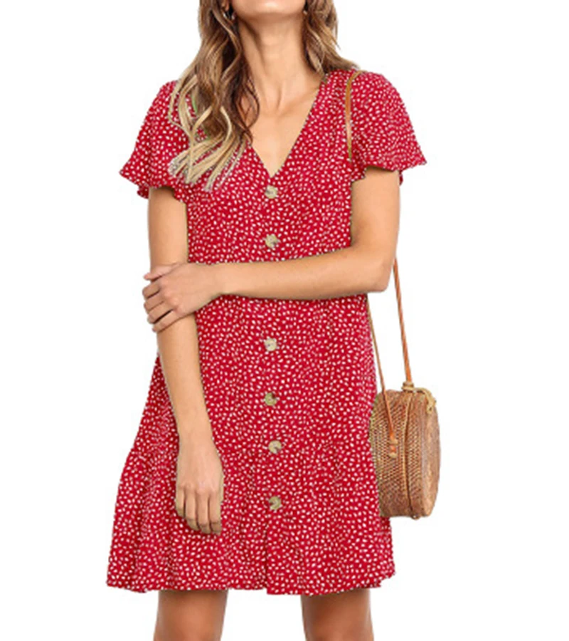2019 summer women print dress short sleeve loose ruffle ladies short dress casual blue black women party mini dress (18)